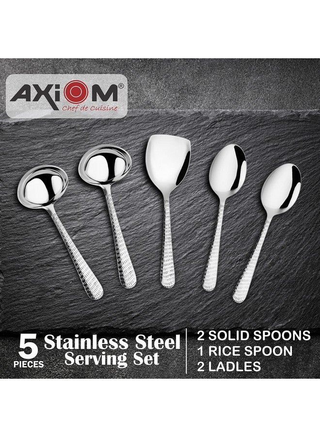 AXIOM Serving Spoons Stainless Steel 5 Piece Heavy Gauge Non-Stick Set of 2 Soup Ladle (Karchi), 2 Solid Spoon (Chamcha) and 1 Rice Spoon for Serving Soup/Curry/dal/Rice/Pasta - Image 2