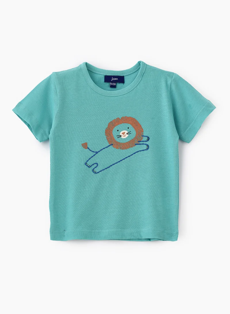 JAM Friendly Lion Graphic Cotton T-Shirt for Boys - Mint