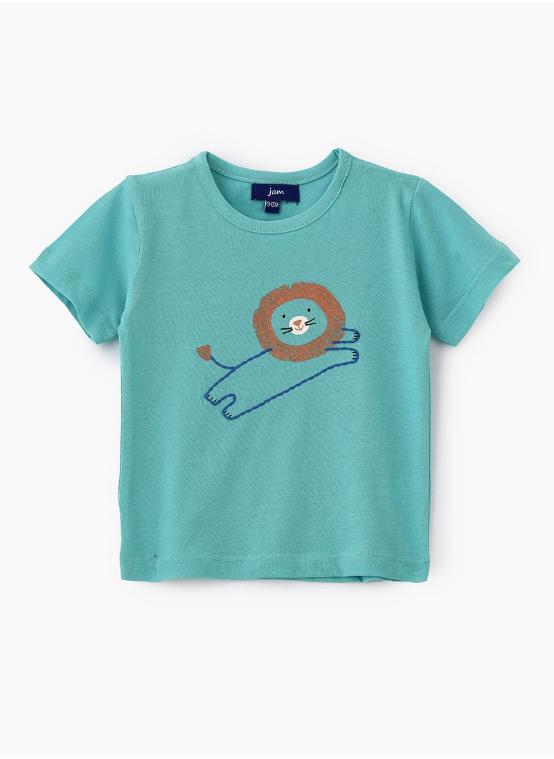 JAM - Friendly Lion Graphic Cotton T-Shirt for Boys - Mint - Image 1