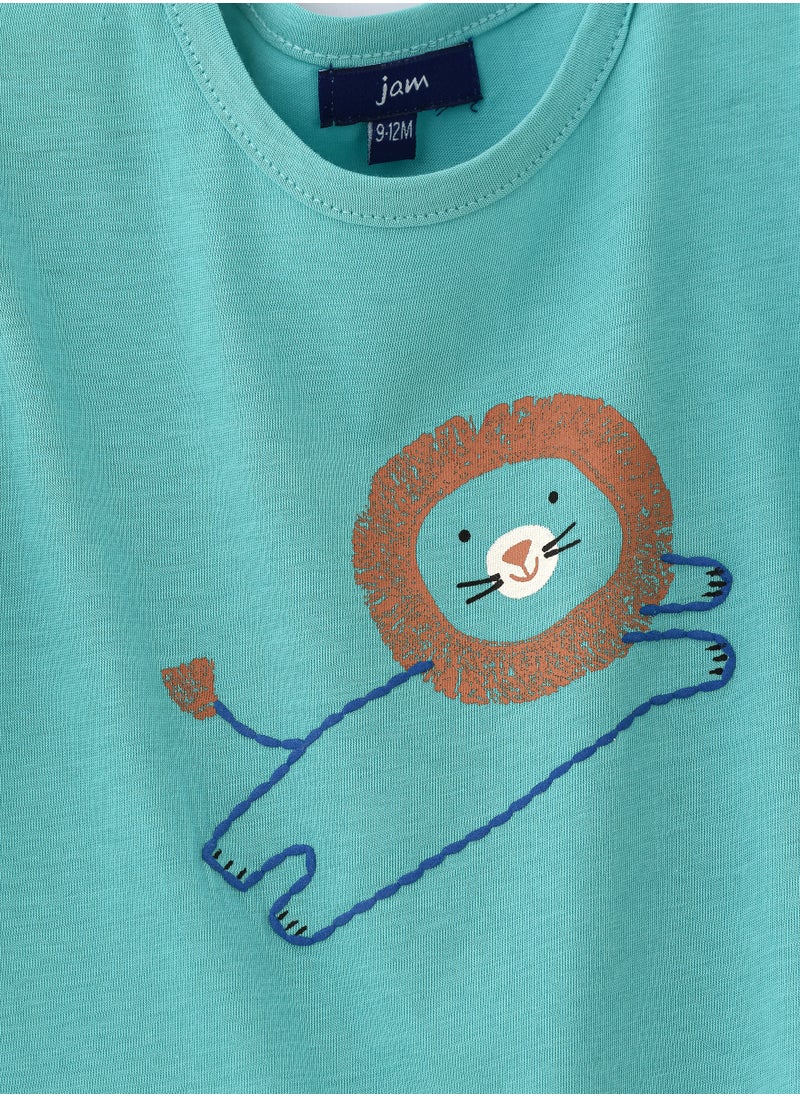 JAM - Friendly Lion Graphic Cotton T-Shirt for Boys - Mint - Image 1