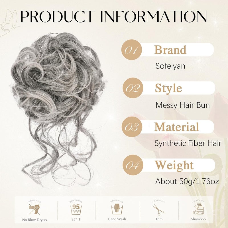 SOFEIYAN Messy Bun Hair Piece Curly Wavy Hair Extensions Synthetic Tousled Updo with Tendrils Hairpieces Bun Donut Accessories Scrunchies for Women, Black Mix Grey Tips - Image 2