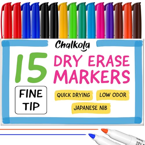 Chalkola Dry Erase Markers Fine Tip 15 Pack 12 Colors Thin Point Dry Erase White Board Pens Non toxic Low Odor Whiteboard Markers for Kids Teachers Office School Classroom Supplies - Image 1