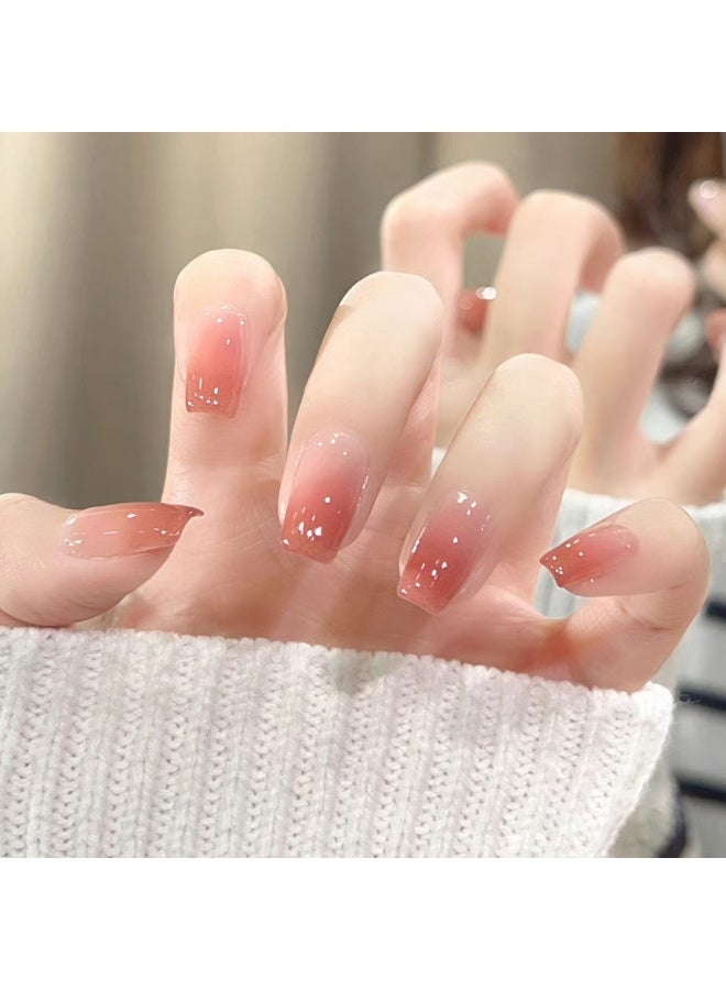JUMEI Peach Pink Ombre Press-On Nails 24PCS – Glossy Jelly Finish with Glitter, Elegant Natural Look, Reusable Fake Nails for Daily & Party Wear - Image 1