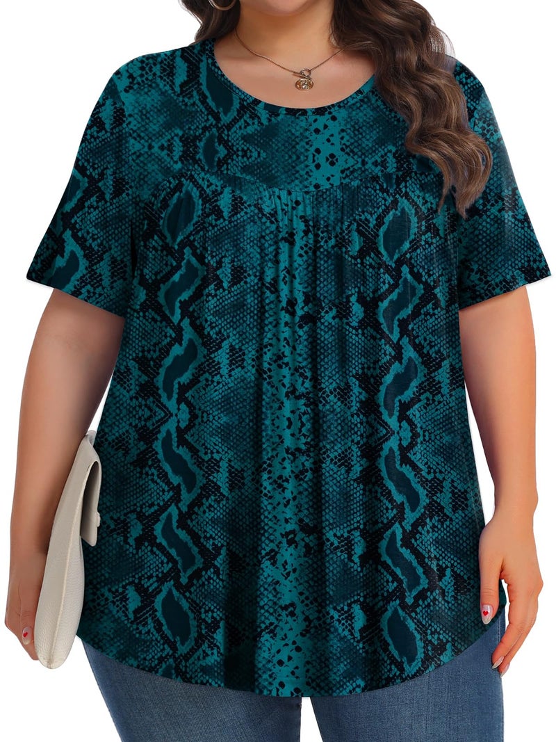 Tencede Womens Plus Size Tops Tunic Short Sleeve Crew Neck Shirts Casual Soft Blouse Green Snake Skin 3X - Image 3