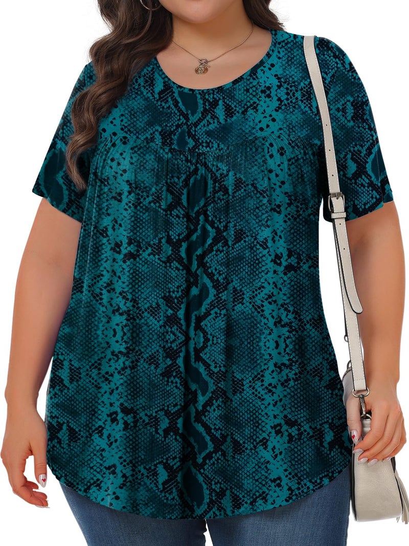 Tencede Womens Plus Size Tops Tunic Short Sleeve Crew Neck Shirts Casual Soft Blouse Green Snake Skin 3X - Image 2