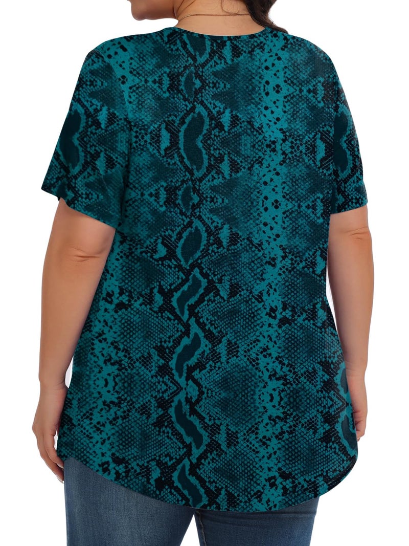 Tencede Womens Plus Size Tops Tunic Short Sleeve Crew Neck Shirts Casual Soft Blouse Green Snake Skin 3X - Image 4