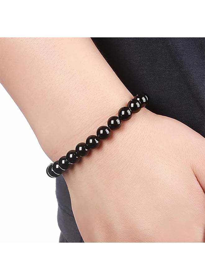 No brands سوار مرن من الفيروز الأسود الطبيعي مقاس 8 مم، سوار من خرز اليوجا للرجال والنساء - Image 4