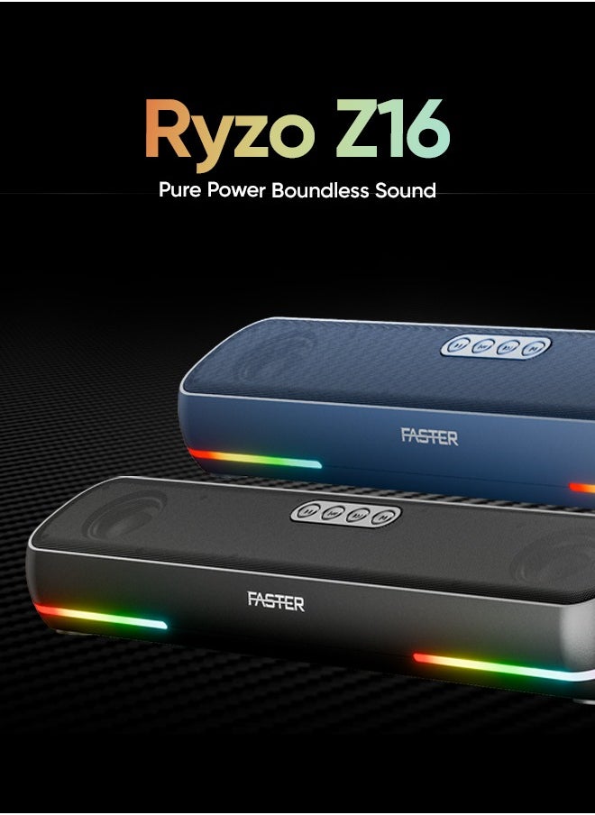 Faster RYZO Z16 Wireless Bluetooth Soundbar 16W - Portable Stereo Speaker with TWS, FM Radio, Bluetooth Call, USB, TF Card, AUX In - Deep Bass Home Theater Audio System for TV, PC, Laptop, Phone (Navy Blue)  - Image 3