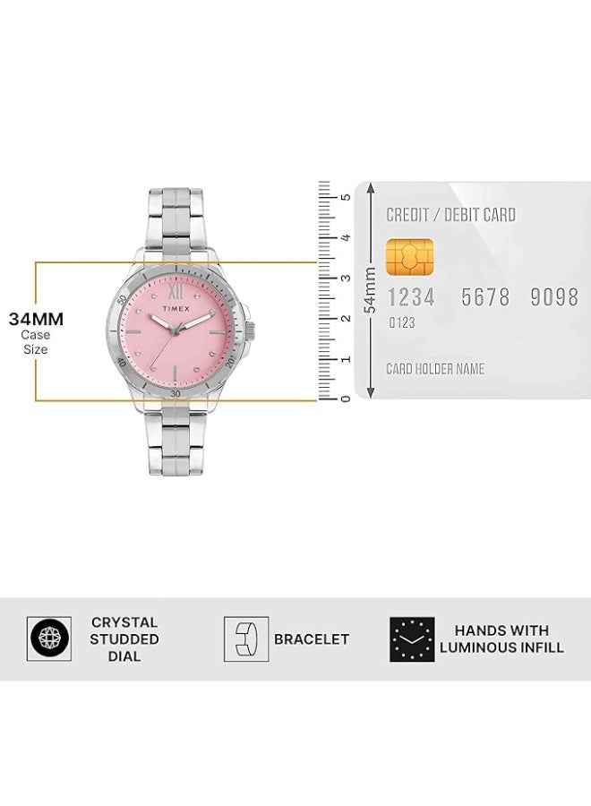 تيميكس ساعة TIMEX التناظرية للنساء، متوفرة بمينا متعدد الألوان وسوار من الفولاذ المقاوم للصدأ باللون الفضي - ساعات يد مقاومة للماء. - Image 2