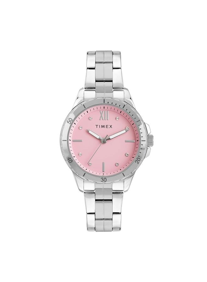 تيميكس ساعة TIMEX التناظرية للنساء، متوفرة بمينا متعدد الألوان وسوار من الفولاذ المقاوم للصدأ باللون الفضي - ساعات يد مقاومة للماء. - Image 1