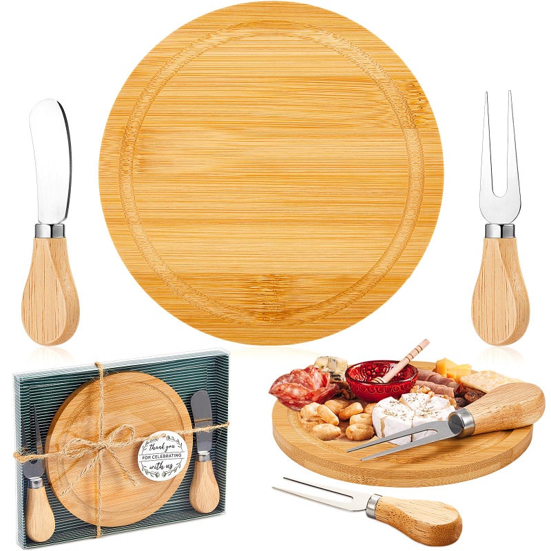 Maxcheck 1 Set Baby Shower Bridal Game Prizes for Winners Round Cheese Board Set Wood Mini Charcuterie Board with Knives and Forks Thank You Card with Gift Box for Guests Wedding (Bamboo) - Image 1