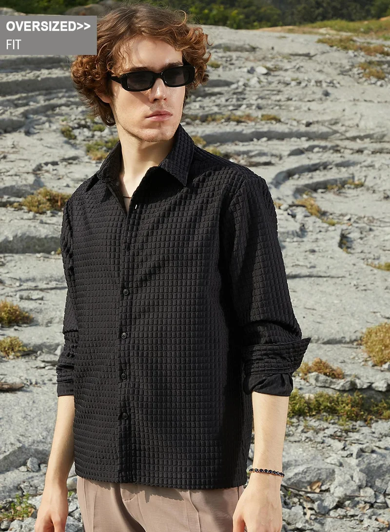 كامبوس سوترا قميص كامبس سوترا رجالي أسود ليلي واسع بياقة ممتدة وأكمام طويلة بأزرار