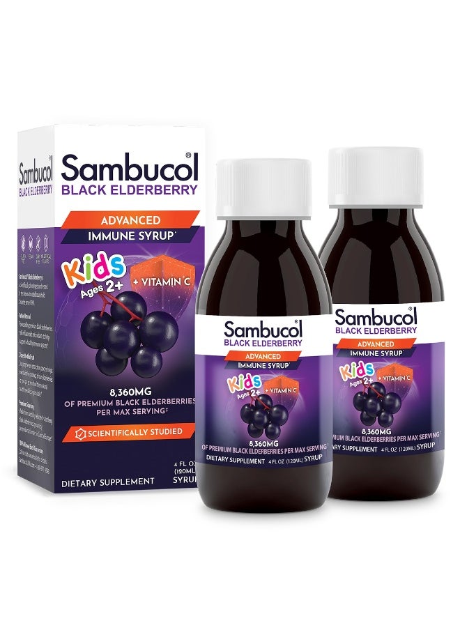 Sambucol Black Elderberry Syrup for Kids - Kids Elderberry Syrup, Added Vitamin C, Black Elderberry Syrup, Sambucus Elderberry Kids Syrup for Immune Support, Delicious Berry Taste - 4 Fl Oz, 2-Pack  - Image 1