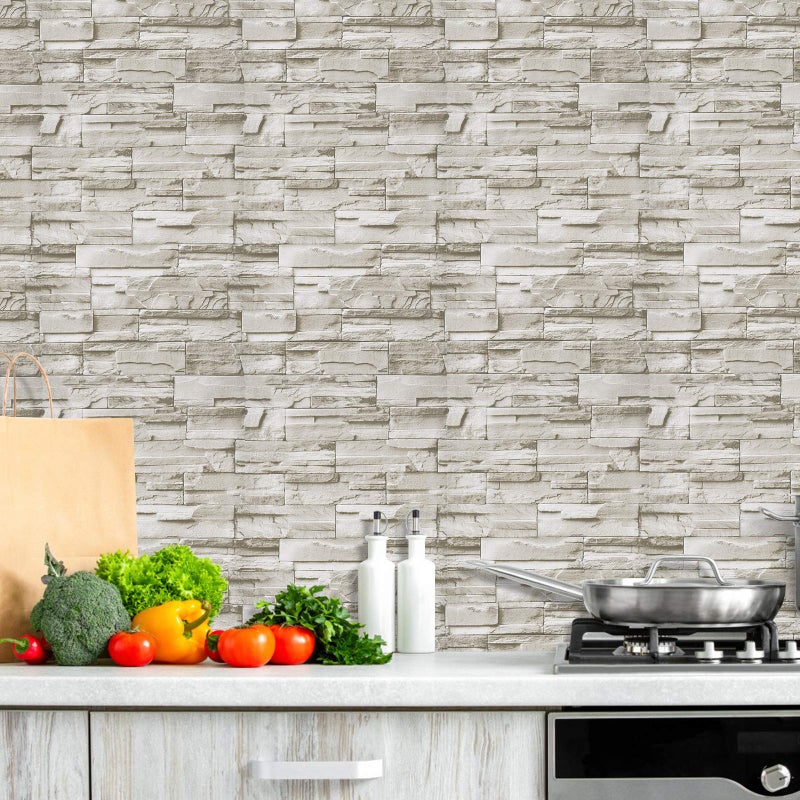 WENMER Beige Stone Peel and Stick Wallpaper 17.7" x 118" 3D Wallpaper Faux Brick Wallpaper Textured Stone Wall Paper Brick Self Adhesive Removable Wallpaper for Kitchen Backsplash Walls - Image 3