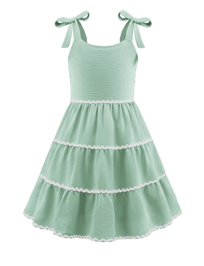 Arshiner Girls Summer Sleeveless Bow-Tie Straps Sundress Flowy Smocked Backless Tiered Lace Swing Midi Dress with Pockets Sage Green Tween 9-10 Y - Image 1