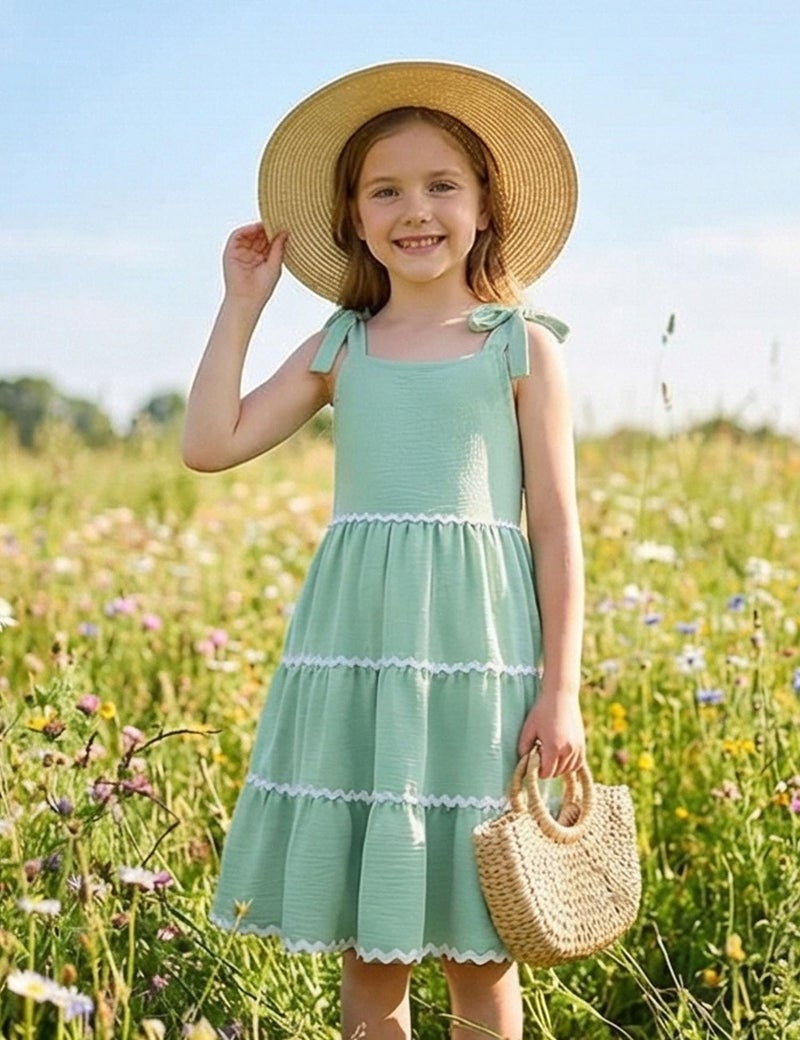 Arshiner Girls Summer Sleeveless Bow-Tie Straps Sundress Flowy Smocked Backless Tiered Lace Swing Midi Dress with Pockets Sage Green Tween 9-10 Y - Image 2
