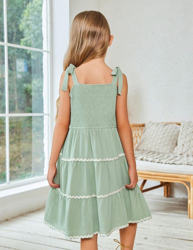 Arshiner Girls Summer Sleeveless Bow-Tie Straps Sundress Flowy Smocked Backless Tiered Lace Swing Midi Dress with Pockets Sage Green Tween 9-10 Y - Image 4