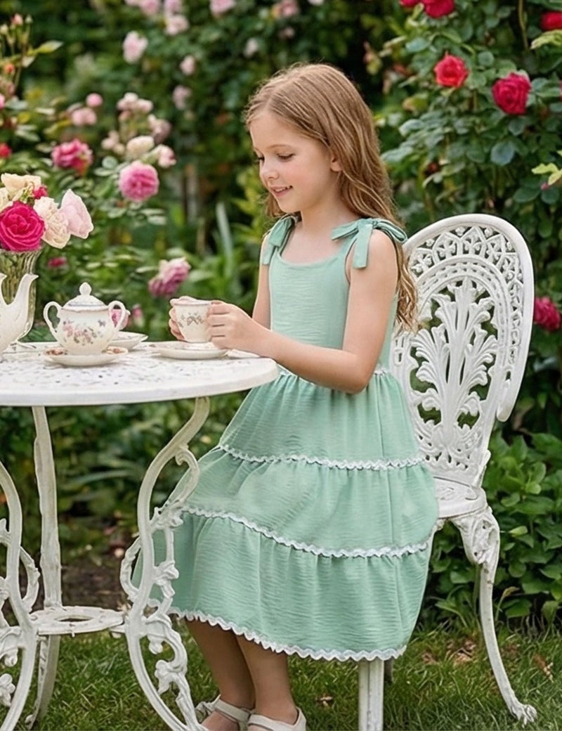 Arshiner Girls Summer Sleeveless Bow-Tie Straps Sundress Flowy Smocked Backless Tiered Lace Swing Midi Dress with Pockets Sage Green Tween 9-10 Y - Image 3