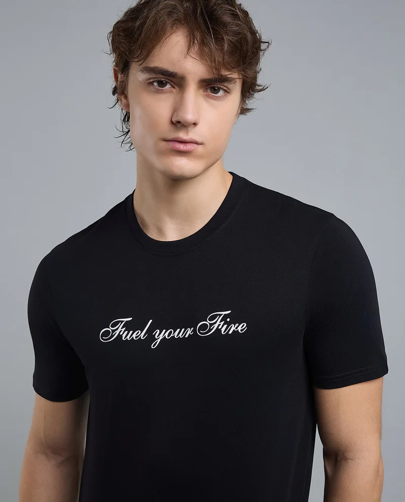 أر أند بي Typography Print T-Shirt with Crew Neck and Short Sleeves
