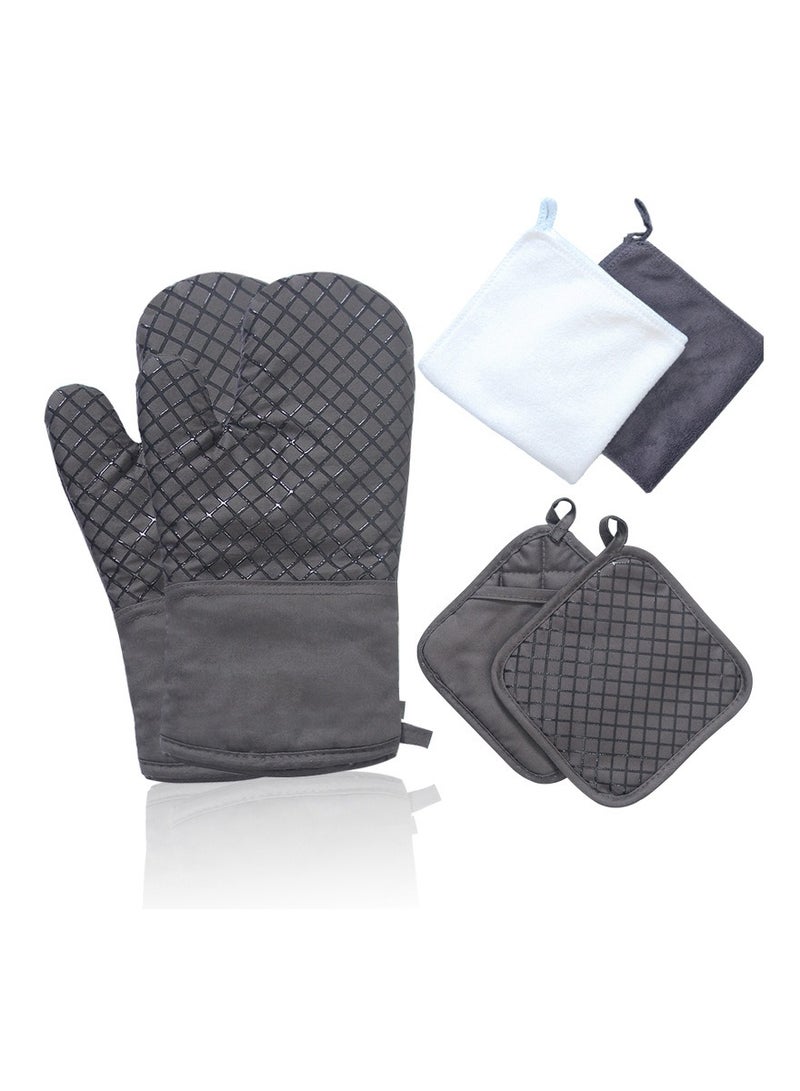 High Heat Resistant Oven Mitts Set with Non-Slip Silicone and Cotton Towels for Safe Cooking and Baking 6 Pcs Dark Gray Kitchen Essentials - Image 1