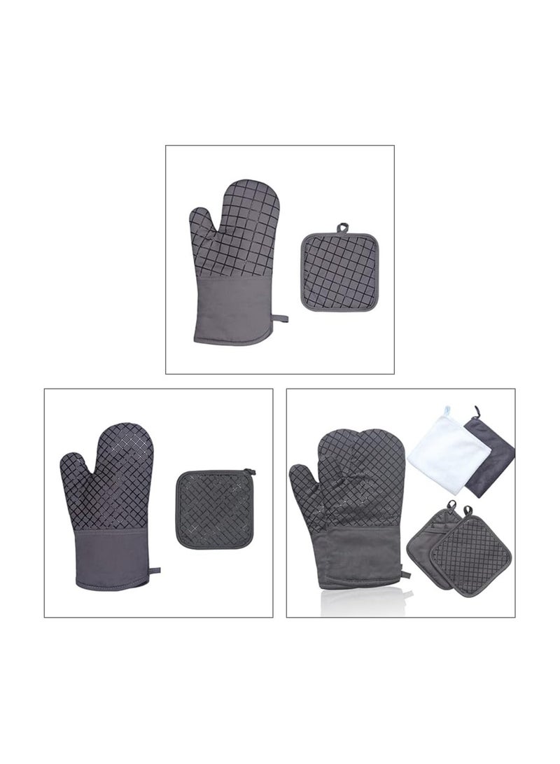 High Heat Resistant Oven Mitts Set with Non-Slip Silicone and Cotton Towels for Safe Cooking and Baking 6 Pcs Dark Gray Kitchen Essentials - Image 2