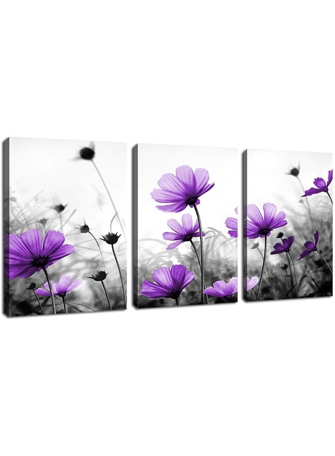 Home Trove Flowers Wall Art Canvas Pictures Purple Wildflowers Black And White Background 3 Piece Canvas Art Blossom Contemporary Artwork For Home Decoration Office Kitchen Wall Decor 12"X 16" X 3 Panels - Image 1