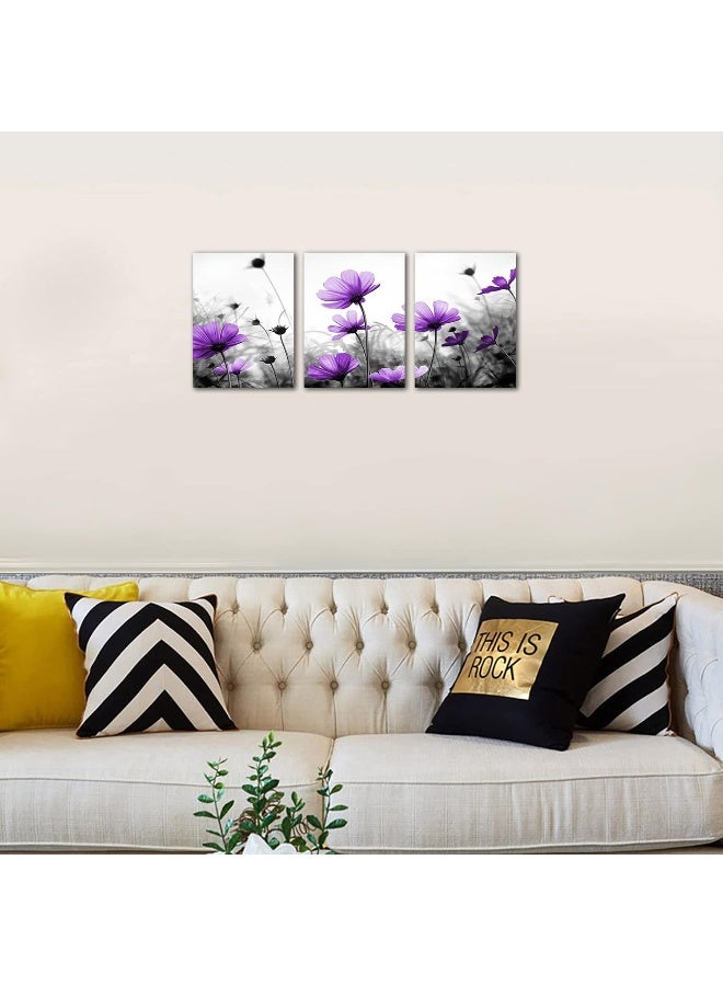 Home Trove Flowers Wall Art Canvas Pictures Purple Wildflowers Black And White Background 3 Piece Canvas Art Blossom Contemporary Artwork For Home Decoration Office Kitchen Wall Decor 12"X 16" X 3 Panels - Image 3
