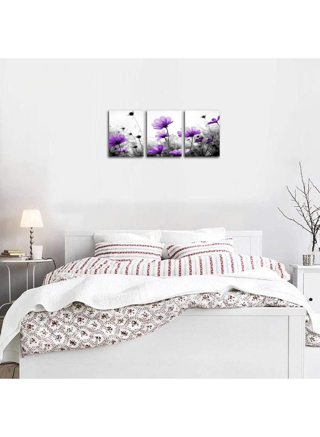 Home Trove Flowers Wall Art Canvas Pictures Purple Wildflowers Black And White Background 3 Piece Canvas Art Blossom Contemporary Artwork For Home Decoration Office Kitchen Wall Decor 12"X 16" X 3 Panels - Image 4