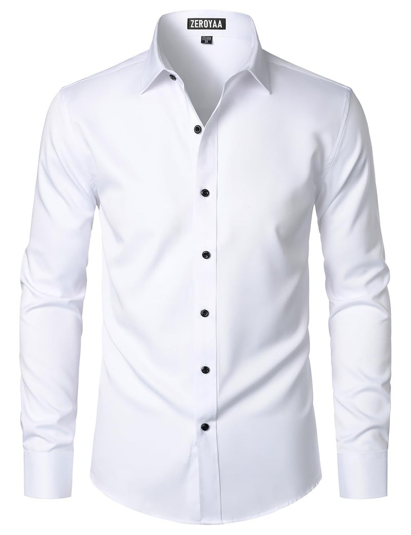 ZEROYAA Men's Long Sleeve Dress Shirt Fitted Wrinkle-Free Casual Business Button Up Shirts ZSSCL07-White Black Medium - Image 1