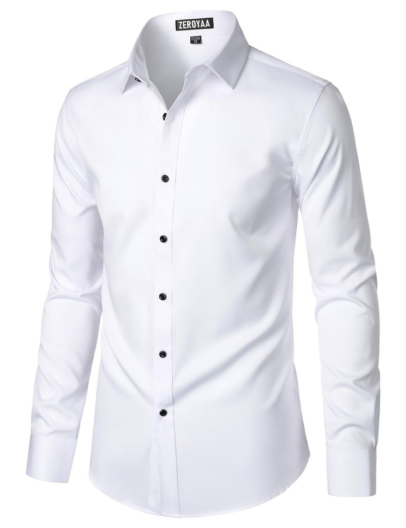 ZEROYAA Men's Long Sleeve Dress Shirt Fitted Wrinkle-Free Casual Business Button Up Shirts ZSSCL07-White Black Medium - Image 2