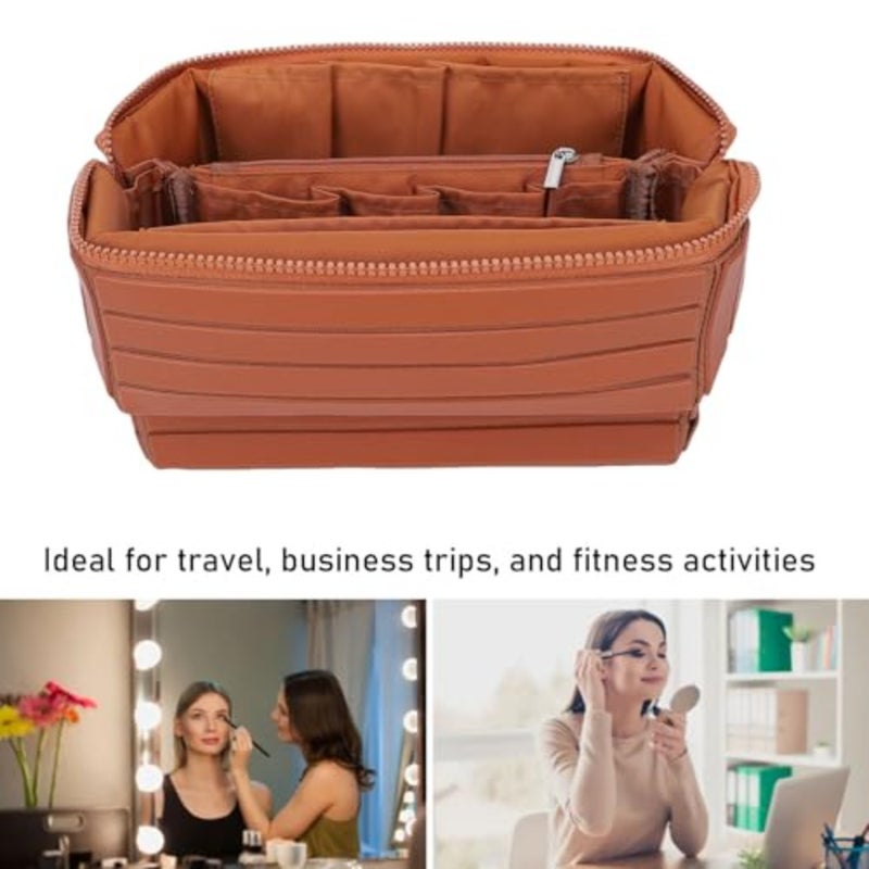 Travel cosmetic case for women and girls: waterproof polyester, black, fold-down design with large capacity and zippered compartments - Image 3