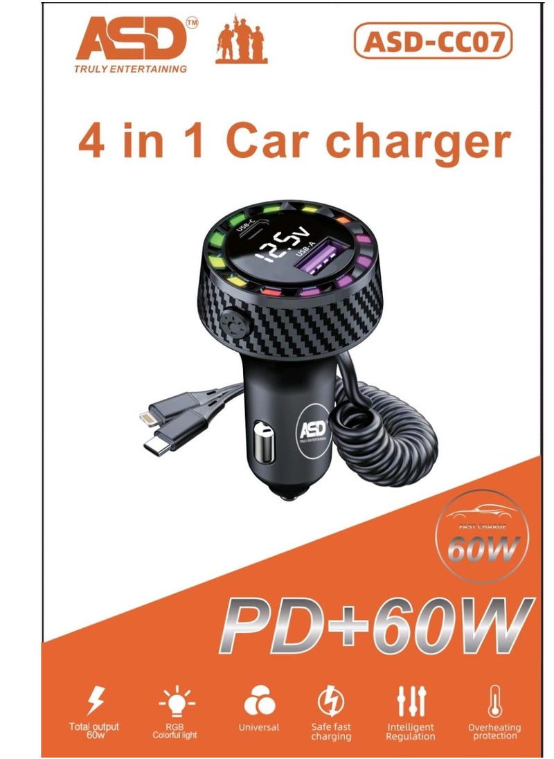 ASD 4 in 1 Car Charger PD+60W with in-built Type-C & IOS Cable, 1 Type-C Port and 1 USB-A Port for Super-Fast charging - ASD-CC07  - Image 2