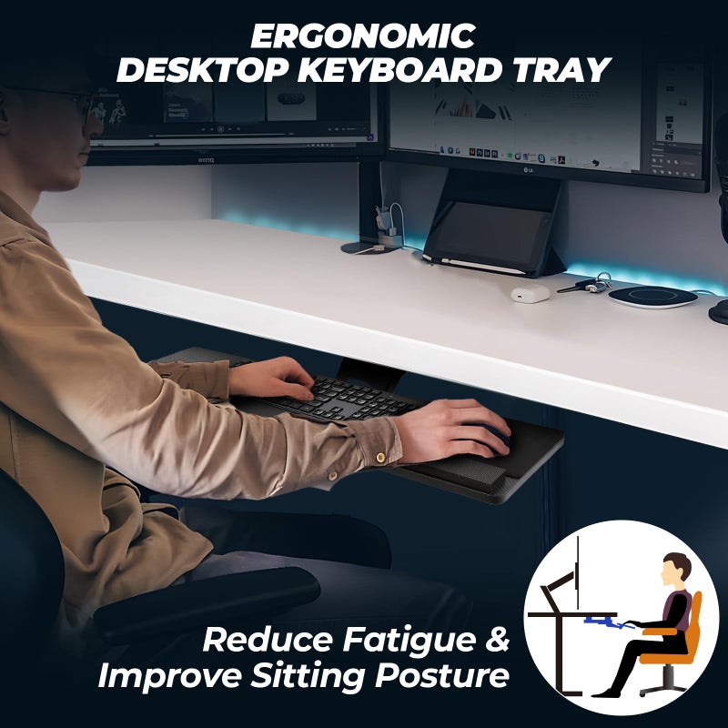 FAHKNS Ergonomic Keyboard Tray Under Deskï¼ŒLarge Size Keypad Tray Holderï¼Œ 360Â° Adjustable Slide Out Keyboard Tray Under Desk with Mouse Pad & Wrist Restï¼Œ Suitable for Office/Game/Home - Image 3
