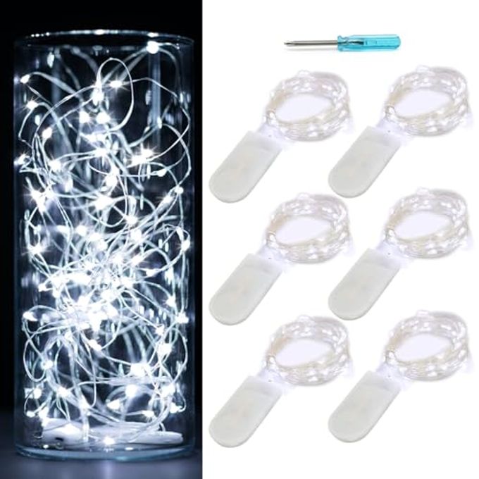 OakHaomie 6 Pack Fairy Lights Battery Operated Waterproof Fairy String Lights Firefly Lights LED Starry String Lights 7ft 20 LEDs Silvery Copper Wire for Wedding Party Bedroom Patio Christmas Decor Cool White - Image 1