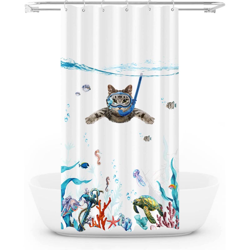 Fowocu Funny Cat Stall Shower Curtain Set Teal Blue Sea Ocean Waterproof Fabric Shower Curtains with Animal Octopus Starfish Turtle Anchor Fish Nautical Bathroom Curtain Decor Blue 3672