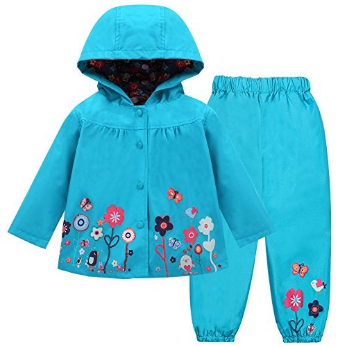 LZH Girl Baby Kid Waterproof Hooded Coat Jacket Outwear Suit Raincoat Hoodies with Pants Blue 5(For Age 4-5Y) - Image 1