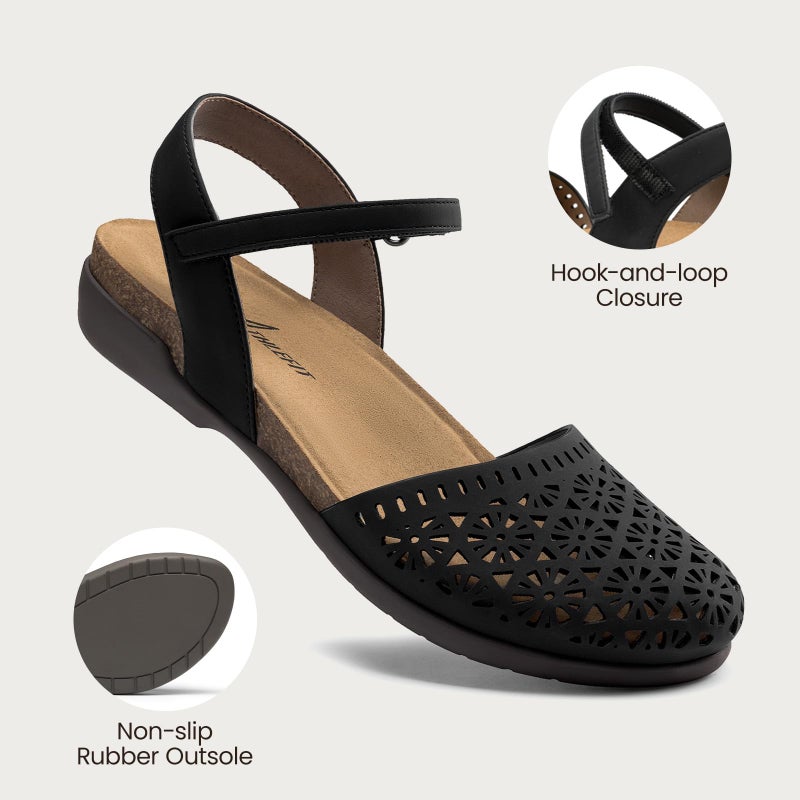 Athlefit Women's Closed Toe Sandals Comfort Cork Footbed Arch Support Flat Sandals Black Hollow Size 9 - Image 5