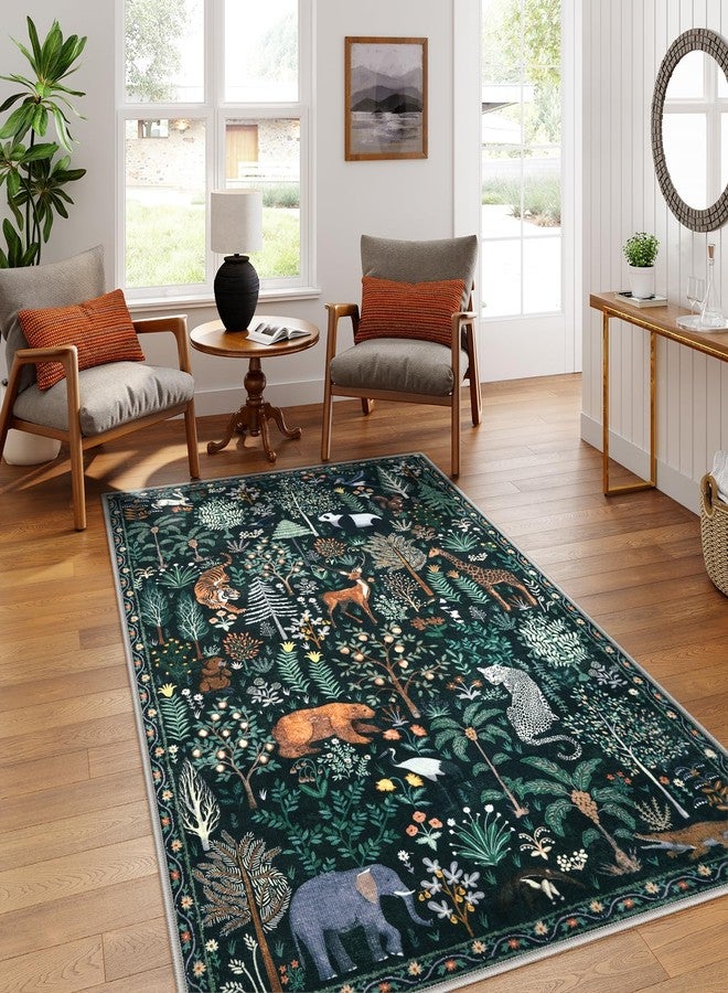 OJIA Jungle Print 5x7 Area Rugs for Living Room, Green Soft Washable Rugs for Bedroom Ultra-Thin Non-Slip Modern Rug, Stain Resistant Nursery Rug Carpet for Kids Playroom Nursery Dining Room - Image 4