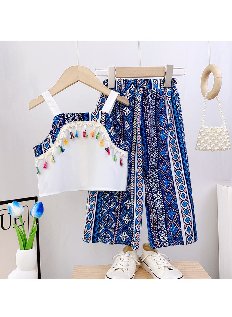 3Y Toddler Baby Girl Summer Outfit, 2 Piece Boho Tassel Crop Top and Wide Leg Pants Set, Sleeveless Casual Ethnic Style Clothing for Beach, Travel, Party, 100cm  - Image 1