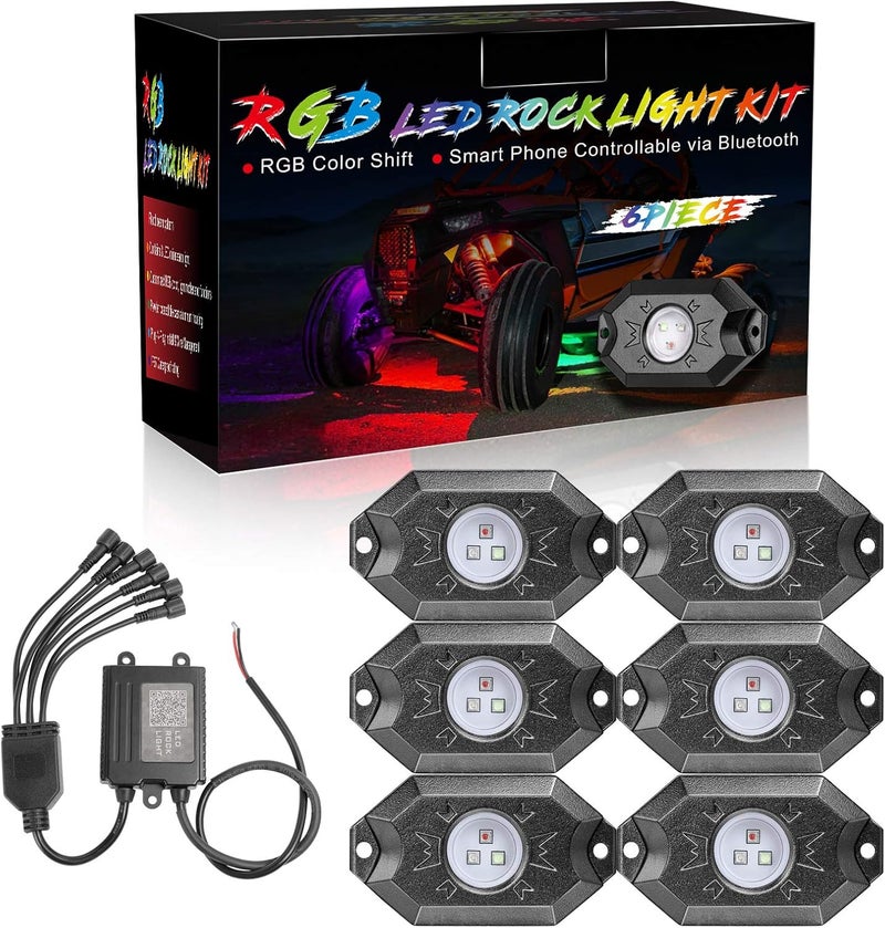 Niking Auto مجموعة أضواء الصخور RGB، تحتوي على 6 وحدات من أضواء LED بتقنية الإضاءة الخلفية RGB، مع جهاز تحكم عبر البلوتوث ووظائف التوقيت والموسيقى والوميض، مناسبة للمركبات غير الرسمية والدراجات النارية والقوارب. - Image 1
