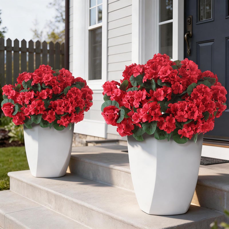 GLIDLION 12 Bundles Artificial Geranium Flowers for Spring Summer Decor, UV-Resistant Fake Plants Realistic Faux Silk Bouquets for Front Door Farmhouse Garden Porch Home Outdoor Decor (Red) - Image 1