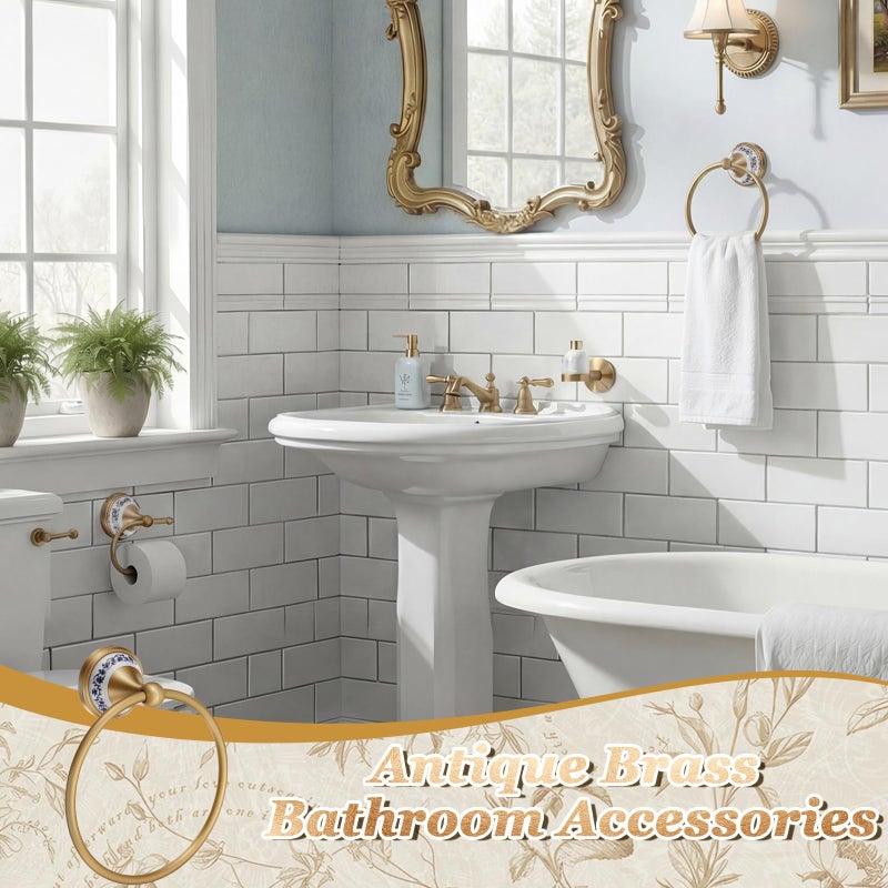 Otoolling 2 Pack Chinoiserie Chic Brass Bathroom Hardware Set - Exquisite Floral Porcelain Brushed Gold Towel Ring and Tissue Holder, Artistic Oriental Style Wall Decor - Image 3