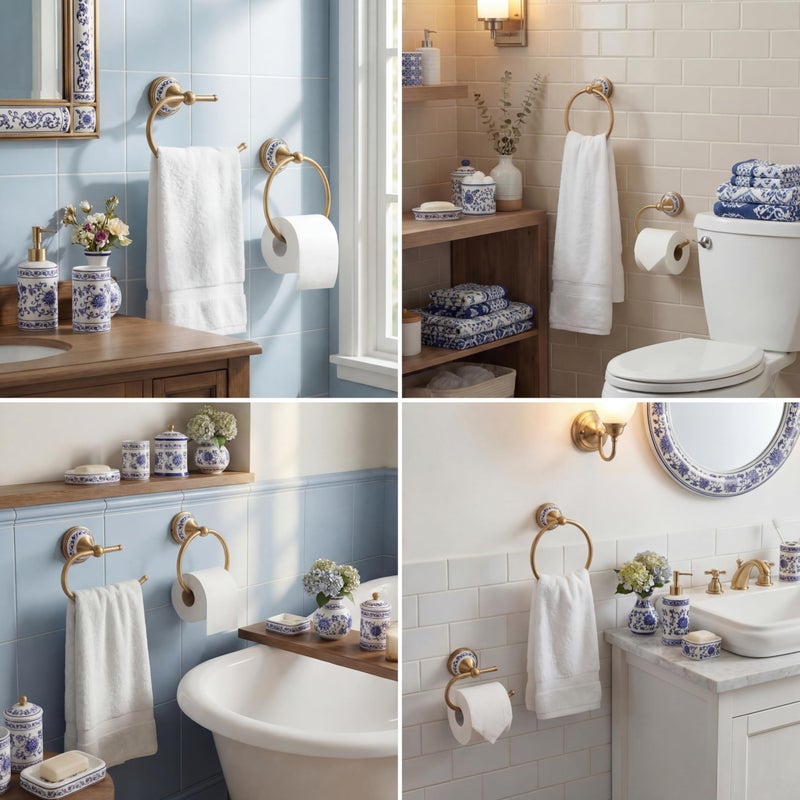 Otoolling 2 Pack Chinoiserie Chic Brass Bathroom Hardware Set - Exquisite Floral Porcelain Brushed Gold Towel Ring and Tissue Holder, Artistic Oriental Style Wall Decor - Image 5