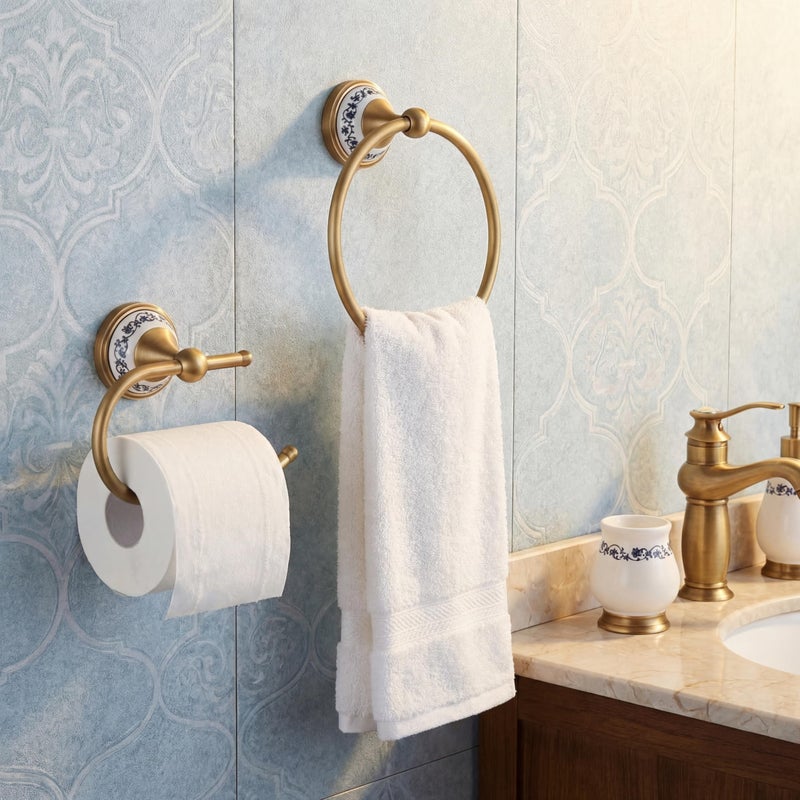 Otoolling 2 Pack Chinoiserie Chic Brass Bathroom Hardware Set - Exquisite Floral Porcelain Brushed Gold Towel Ring and Tissue Holder, Artistic Oriental Style Wall Decor - Image 1