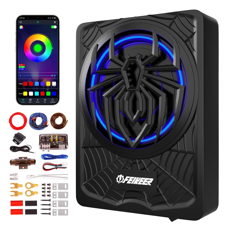 Feikeer NEW 10" 1200W Subwoofer,RGB Slim Underseat Car Subwoofer and Amp Package.Under Seat Subwoofers with Amp,Individual Control for Low Pass/Gain/Boost Bass.Deep Bass Perfect for Truck/SUV/Jeep/MPV - Image 1
