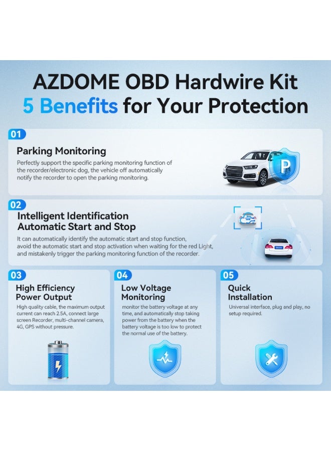 AZDOME OBD01 Type-C OBD Hardwire Kit for Dash Cams, 12V–24V to 5V/2.5A, Low-Voltage Cut-Off, 3.5m Cable, Plug-&-Play Parking Mode Power - Image 5