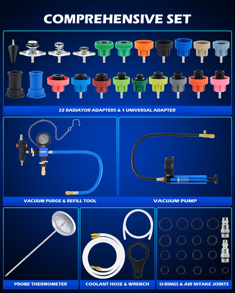 Orion Motor Tech Coolant Pressure Tester Kit, 31pc Master Coolant Vacuum Refill Kit with 23 Radiator Adapters, Radiator Cooling System Pressure Tester Kit with Vacuum Pump Vacuum Purge & Refill Tool - Image 3