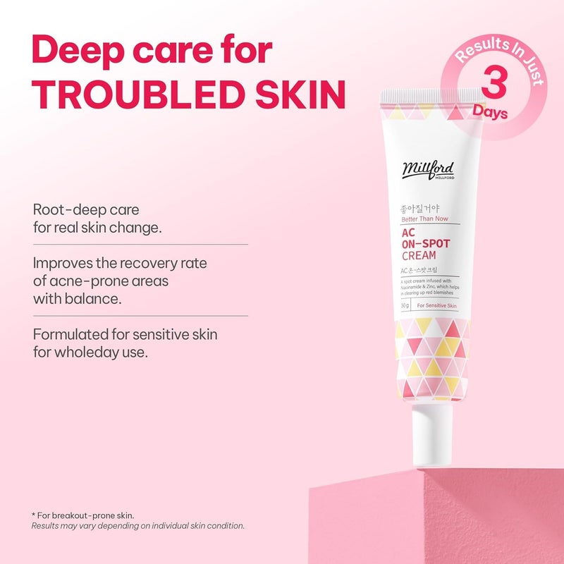 Millford AC On-Spot Cream 30g/1.05 Oz, Zinc Oxide 10%, Niacinamide 2% for Active Skin Repair, Acne Spot Treatment for Face, Blemish Care, Dark Spot, Korean Skincare for Sensitive & Acne-Prone Skin - Image 4