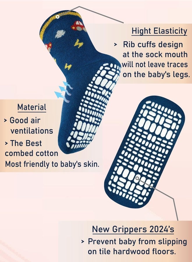 RATIVE RB-71317 Non Skid Anti Slip Slipper Cotton Striped Crew Dress Socks with Grips for Baby Toddler Boys (18-36 Months, 12 designs/RB-913915) - Image 3