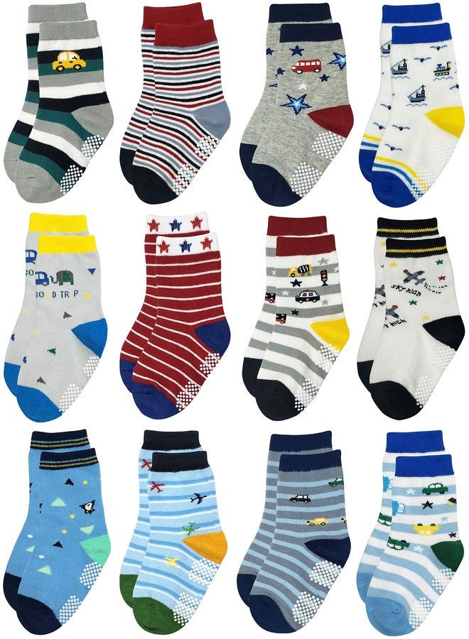 RATIVE RB-71317 Non Skid Anti Slip Slipper Cotton Striped Crew Dress Socks with Grips for Baby Toddler Boys (18-36 Months, 12 designs/RB-913915) - Image 1